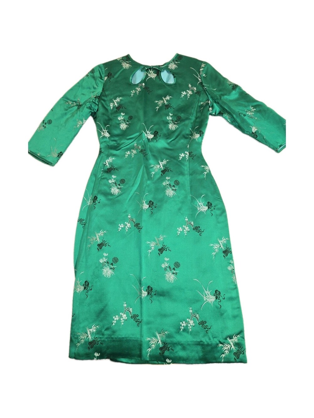 vintage silk blend dress Emerald Green Embroidered Floral Asian Inspired 90s - Picture 5 of 11